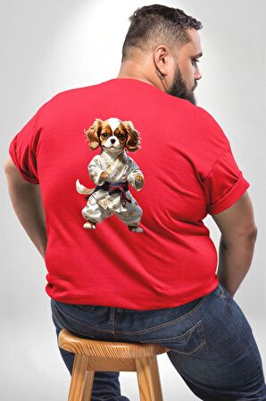 Cavailer King Charles Spaniel Karate Büyük Beden Kırmızı Tişört Kadın Erkek Ünisex Sırt Baskılı