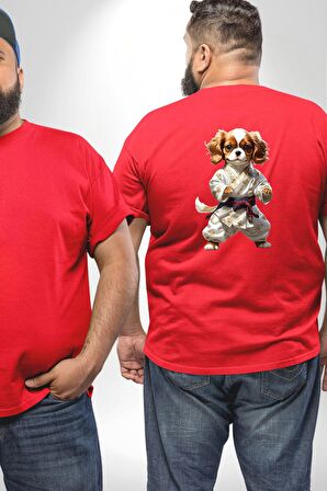 Cavailer King Charles Spaniel Karate Büyük Beden Kırmızı Tişört Kadın Erkek Ünisex Sırt Baskılı