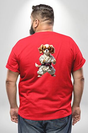 Cavailer King Charles Spaniel Karate Büyük Beden Kırmızı Tişört Kadın Erkek Ünisex Sırt Baskılı
