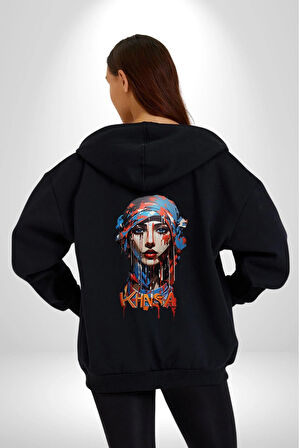 Khansa Eşarp  Kadın Tasarımı Kadın Erkek Siyah Renk Kapüşonlu Kanguru Cepli  Fermuarlı Pamuklu Oversize Dijital Baskılı Hırka Sweatshirt