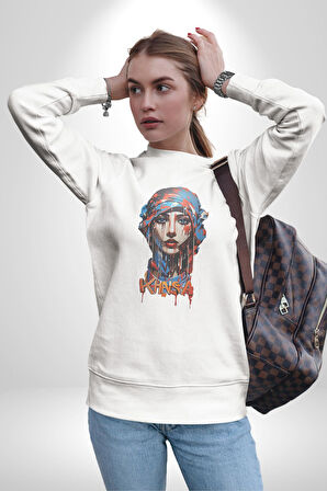 Khansa Eşarp Kadın Tasarımı Kadın Erkek  Beyaz Baskılı Sweatshirt 