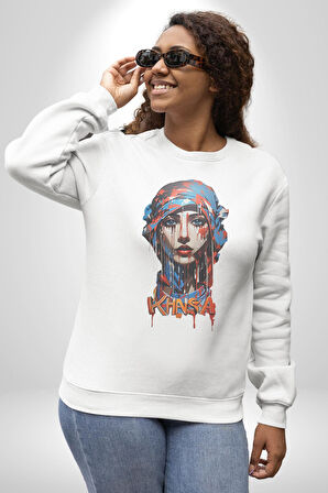 Khansa Eşarp Kadın Tasarımı Kadın Erkek  Beyaz Baskılı Sweatshirt 