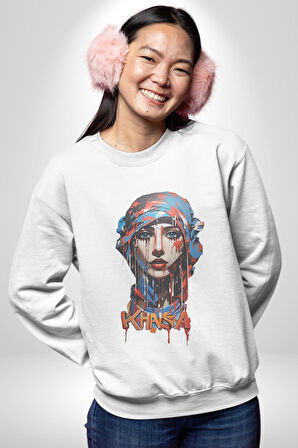 Khansa Eşarp Kadın Tasarımı Kadın Erkek  Beyaz Baskılı Sweatshirt 