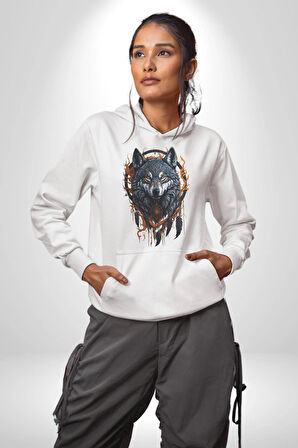 Beyaz Kurt Rüya Kapanı Kadın Erkek  Beyaz Kapüşonlu Sweatshirt Hoodie