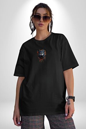 Beyaz Kurt Rüya Kapanı Siyah Oversize Kadın Erkek Ön Orta Minimal Baskılı Tişört