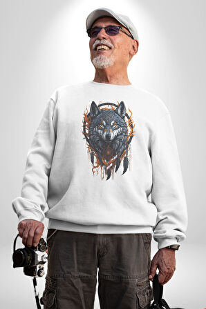 Beyaz Kurt Rüya Kapanı Kadın Erkek  Beyaz Baskılı Sweatshirt 