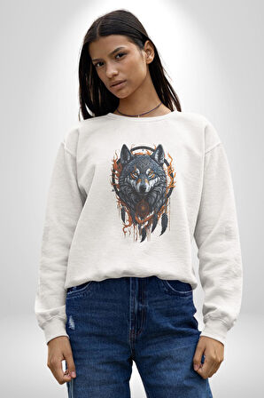 Beyaz Kurt Rüya Kapanı Kadın Erkek  Beyaz Baskılı Sweatshirt 