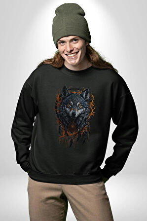 Beyaz Kurt Rüya Kapanı Kadın Erkek  Siyah Baskılı Sweatshirt 