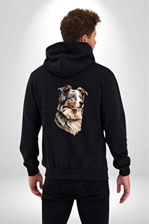 Australian Shepherd Köpek  Kadın Erkek Siyah Renk Kapüşonlu Kanguru Cepli  Fermuarlı Pamuklu Oversize Dijital Baskılı Hırka Sweatshirt