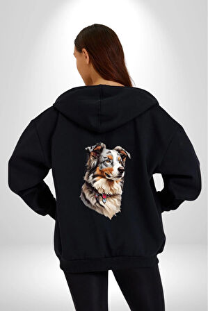 Australian Shepherd Köpek  Kadın Erkek Siyah Renk Kapüşonlu Kanguru Cepli  Fermuarlı Pamuklu Oversize Dijital Baskılı Hırka Sweatshirt
