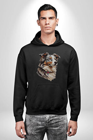 Australian Shepherd Köpek  Kadın Erkek  Siyah Kapüşonlu Sweatshirt Hoodie