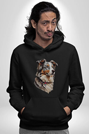 Australian Shepherd Köpek  Kadın Erkek  Siyah Kapüşonlu Sweatshirt Hoodie