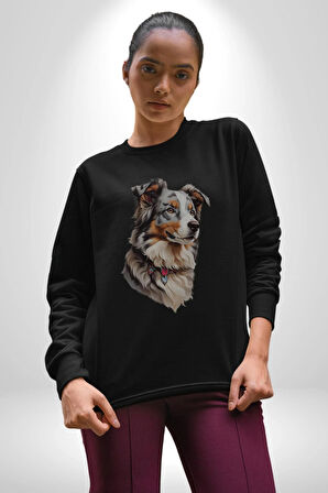 Australian Shepherd Köpek  Kadın Erkek  Siyah Baskılı Sweatshirt 