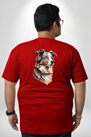 Australian Shepherd Köpek  Büyük Beden Kırmızı Tişört Kadın Erkek Ünisex Sırt Baskılı