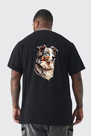 Australian Shepherd Köpek  Büyük Beden Siyah Tişört Kadın Erkek Ünisex Sırt Baskılı