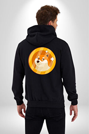 Doge Coin Kadın Erkek Siyah Renk Kapüşonlu Kanguru Cepli  Fermuarlı Pamuklu Oversize Dijital Baskılı Hırka Sweatshirt