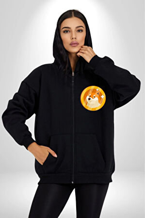 Doge Coin Kadın Erkek Siyah Renk Kapüşonlu Kanguru Cepli  Fermuarlı Pamuklu Oversize Dijital Baskılı Hırka Sweatshirt