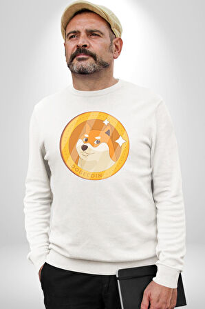Doge Coin Kadın Erkek  Beyaz Baskılı Sweatshirt 