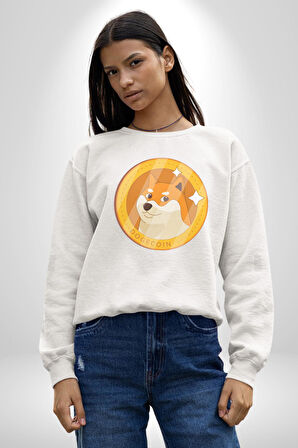 Doge Coin Kadın Erkek  Beyaz Baskılı Sweatshirt 