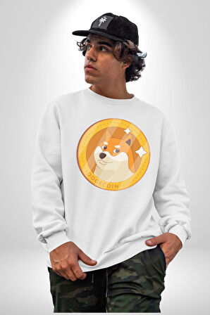 Doge Coin Kadın Erkek  Beyaz Baskılı Sweatshirt 