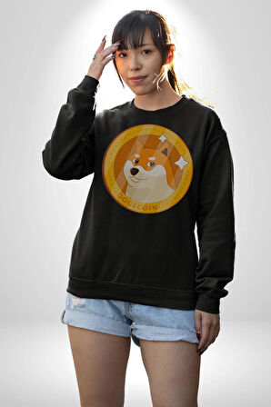 Doge Coin Kadın Erkek  Siyah Baskılı Sweatshirt 