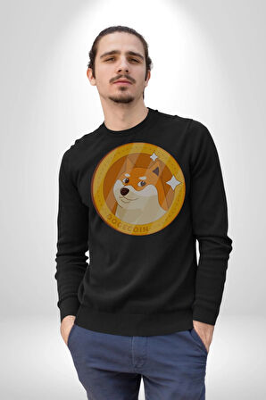 Doge Coin Kadın Erkek  Siyah Baskılı Sweatshirt 