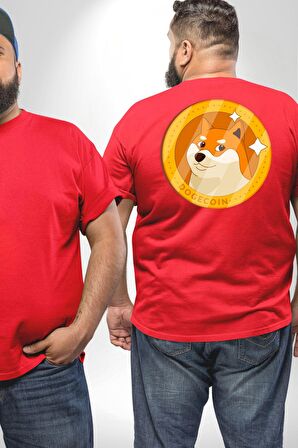 Doge Coin Büyük Beden Kırmızı Tişört Kadın Erkek Ünisex Sırt Baskılı