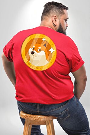 Doge Coin Büyük Beden Kırmızı Tişört Kadın Erkek Ünisex Sırt Baskılı