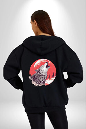 Uluyan Beyaz Kurt Kadın Erkek Siyah Renk Kapüşonlu Kanguru Cepli  Fermuarlı Pamuklu Oversize Dijital Baskılı Hırka Sweatshirt
