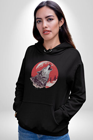 Uluyan Beyaz Kurt Kadın Erkek  Siyah Kapüşonlu Sweatshirt Hoodie