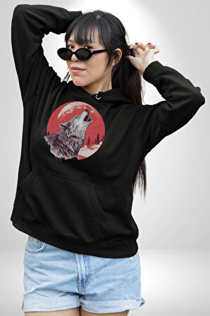 Uluyan Beyaz Kurt Kadın Erkek  Siyah Kapüşonlu Sweatshirt Hoodie