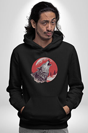 Uluyan Beyaz Kurt Kadın Erkek  Siyah Kapüşonlu Sweatshirt Hoodie