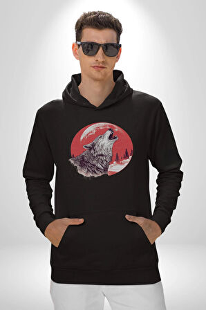 Uluyan Beyaz Kurt Kadın Erkek  Siyah Kapüşonlu Sweatshirt Hoodie