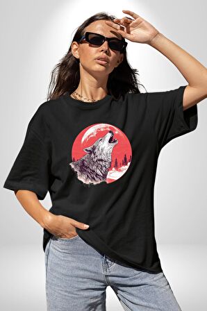Uluyan Beyaz Kurt Pamuklu Bisiklet Yaka Kadın Erkek Oversize Boyfriend Dijital Baskılı Siyah T-shirt
