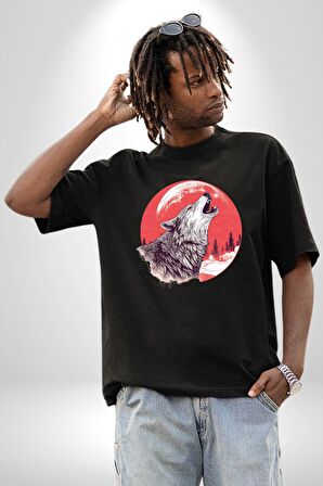 Uluyan Beyaz Kurt Pamuklu Bisiklet Yaka Kadın Erkek Oversize Boyfriend Dijital Baskılı Siyah T-shirt