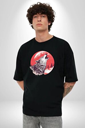 Uluyan Beyaz Kurt Pamuklu Bisiklet Yaka Kadın Erkek Oversize Boyfriend Dijital Baskılı Siyah T-shirt