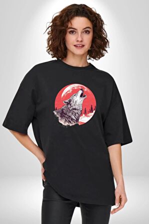 Uluyan Beyaz Kurt Pamuklu Bisiklet Yaka Kadın Erkek Oversize Boyfriend Dijital Baskılı Siyah T-shirt