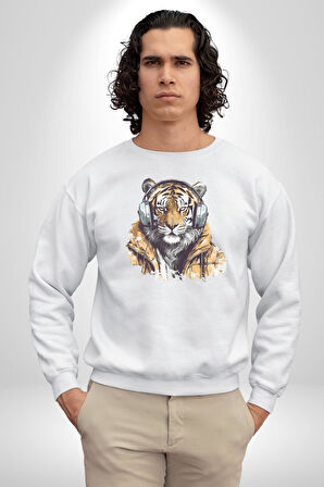 Müzik Dinleyen Kaplan İnsan Mont Kadın Erkek  Beyaz Baskılı Sweatshirt 