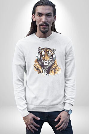 Müzik Dinleyen Kaplan İnsan Mont Kadın Erkek  Beyaz Baskılı Sweatshirt 