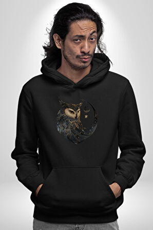 Ay Yıldız Bakır Renk Baykuş Kadın Erkek  Siyah Kapüşonlu Sweatshirt Hoodie