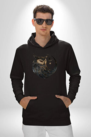 Ay Yıldız Bakır Renk Baykuş Kadın Erkek  Siyah Kapüşonlu Sweatshirt Hoodie