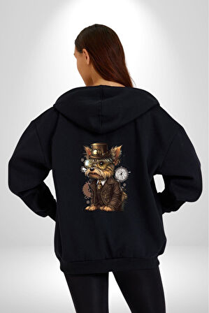 İş İnsanı Yorkshire Zamanda Yolculuk Kadın Erkek Siyah Renk Kapüşonlu Kanguru Cepli  Fermuarlı Pamuklu Oversize Dijital Baskılı Hırka Sweatshirt