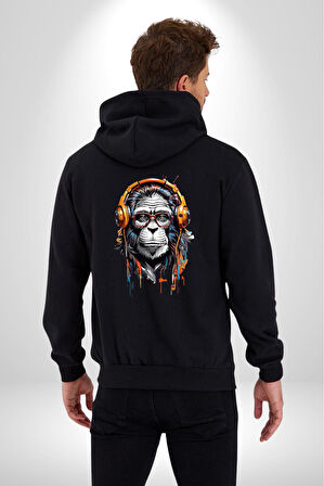 Kulaklık Maymun Müzik Dinliyor Kadın Erkek Siyah Renk Kapüşonlu Kanguru Cepli  Fermuarlı Pamuklu Oversize Dijital Baskılı Hırka Sweatshirt