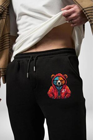 Kırmızı Hoodie Ayı  Pamuklu 3 İplik Siyah Eşofman Altı Erkek Oversize Kesim Dijital Baskılı
