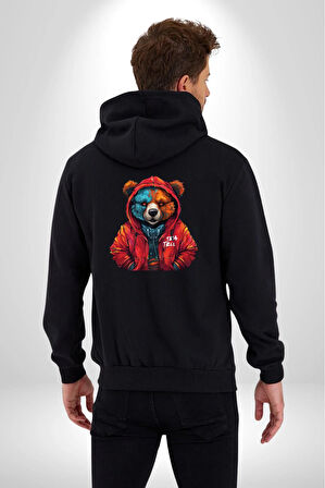 Kırmızı Hoodie Ayı  Kadın Erkek Siyah Renk Kapüşonlu Kanguru Cepli  Fermuarlı Pamuklu Oversize Dijital Baskılı Hırka Sweatshirt