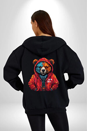Kırmızı Hoodie Ayı  Kadın Erkek Siyah Renk Kapüşonlu Kanguru Cepli  Fermuarlı Pamuklu Oversize Dijital Baskılı Hırka Sweatshirt