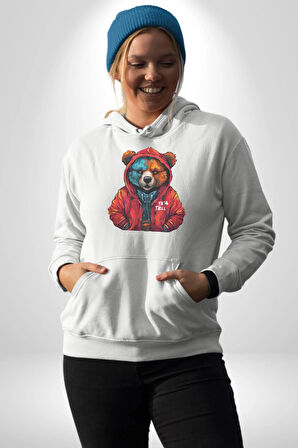 Kırmızı Hoodie Ayı  Kadın Erkek  Beyaz Kapüşonlu Sweatshirt Hoodie