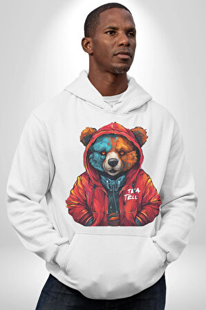 Kırmızı Hoodie Ayı  Kadın Erkek  Beyaz Kapüşonlu Sweatshirt Hoodie