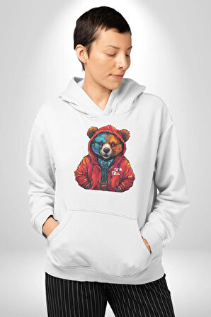 Kırmızı Hoodie Ayı  Kadın Erkek  Beyaz Kapüşonlu Sweatshirt Hoodie