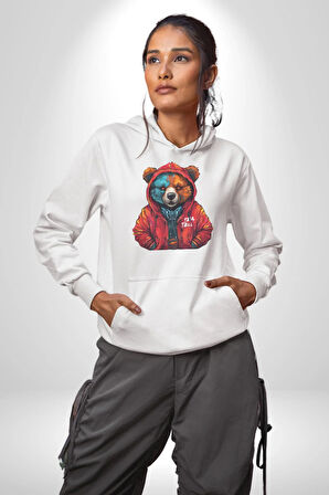 Kırmızı Hoodie Ayı  Kadın Erkek  Beyaz Kapüşonlu Sweatshirt Hoodie
